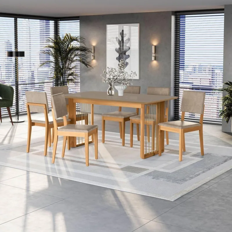 Conjunto Sala De Jantar Dora Em Madeira Maciça 6 Cadeiras Linho Fendi - Kappesberg - Móveis