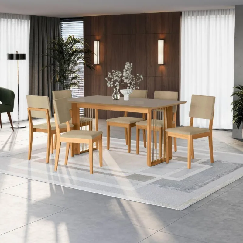 Conjunto Sala De Jantar Dora Em Madeira Maciça 6 Cadeiras Boucle Bege - Kappesberg - Móveis