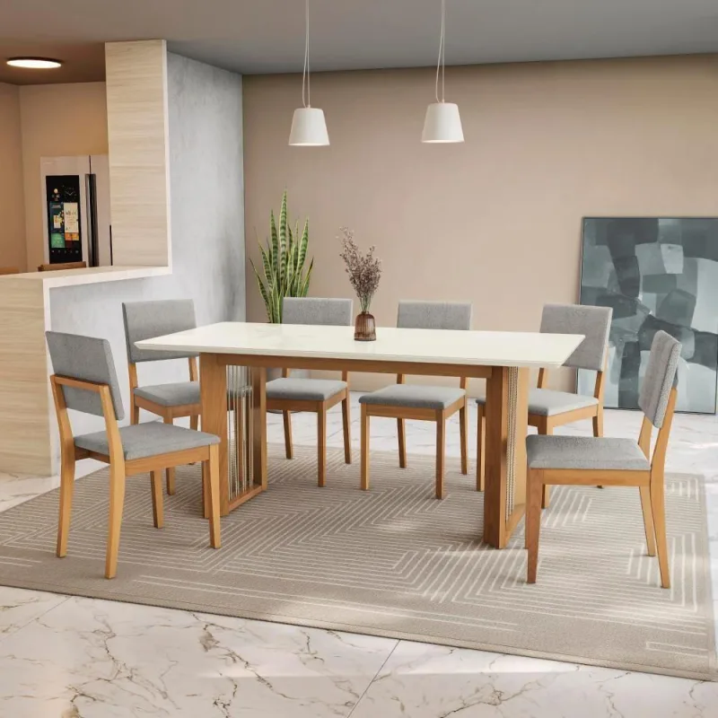 Conjunto Sala De Jantar Dora Em Madeira Maciça 6 Cadeiras Boucle Cinza - Kappesberg