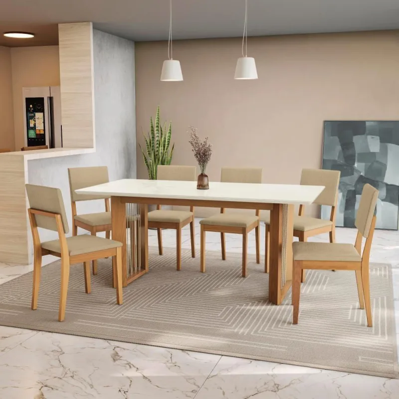 Conjunto Sala De Jantar Dora Em Madeira Maciça 6 Cadeiras Boucle Bege - Kappesberg