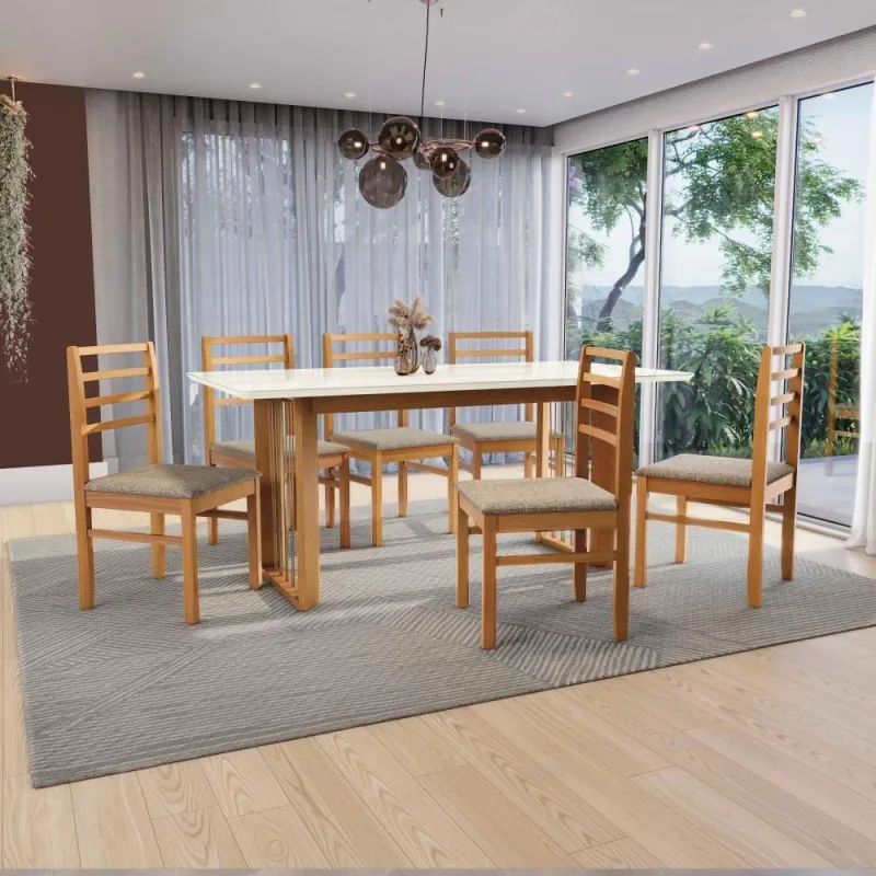 Conjunto Sala De Jantar Elisa Em Madeira Maciça 6 Cadeiras Linho Fendi - Kappesberg - Móveis