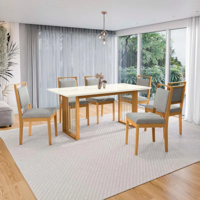 Conjunto Sala De Jantar Lina Em Madeira Maciça 6 Cadeiras Boucle Cinza - Kappesberg - Móveis