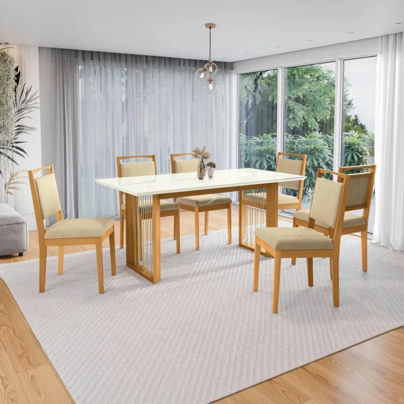 Conjunto Sala De Jantar Lina Em Madeira Maciça 6 Cadeiras Boucle Bege - Kappesberg - Móveis
