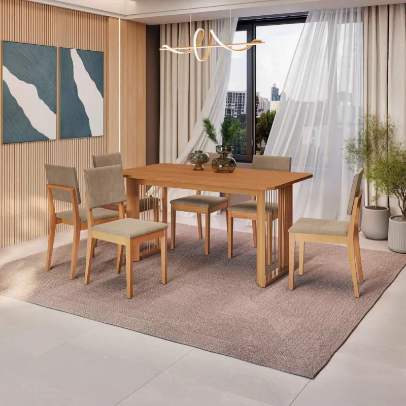 Conjunto Sala De Jantar Dora Em Madeira Maciça 6 Cadeiras Linho Fendi - Kappesberg