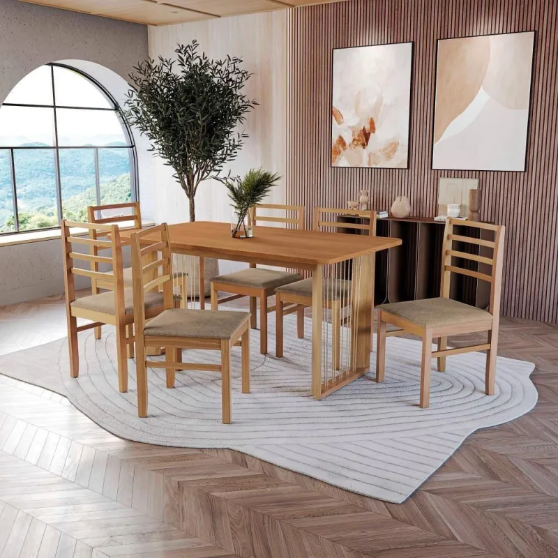 Conjunto Sala De Jantar Elisa Em Madeira Maciça 6 Cadeiras Linho Fendi - Kappesberg - Móveis