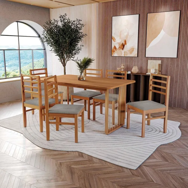 Conjunto Sala De Jantar Elisa Em Madeira Maciça 6 Cadeiras Boucle Cinza - Kappesberg - Móveis
