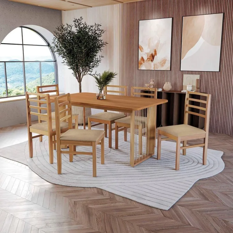 Conjunto Sala De Jantar Elisa Em Madeira Maciça 6 Cadeiras Boucle Bege - Kappesberg - Móveis