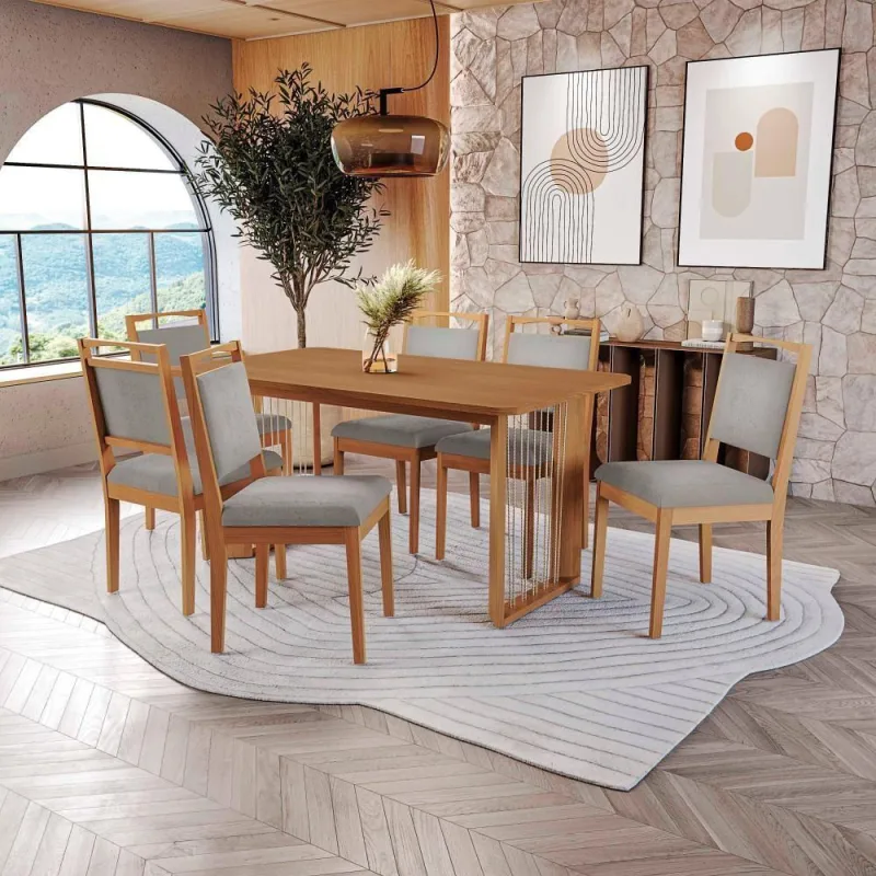 Conjunto Sala De Jantar Lina Em Madeira Maciça 6 Cadeiras Boucle Cinza - kappesberg - Móveis