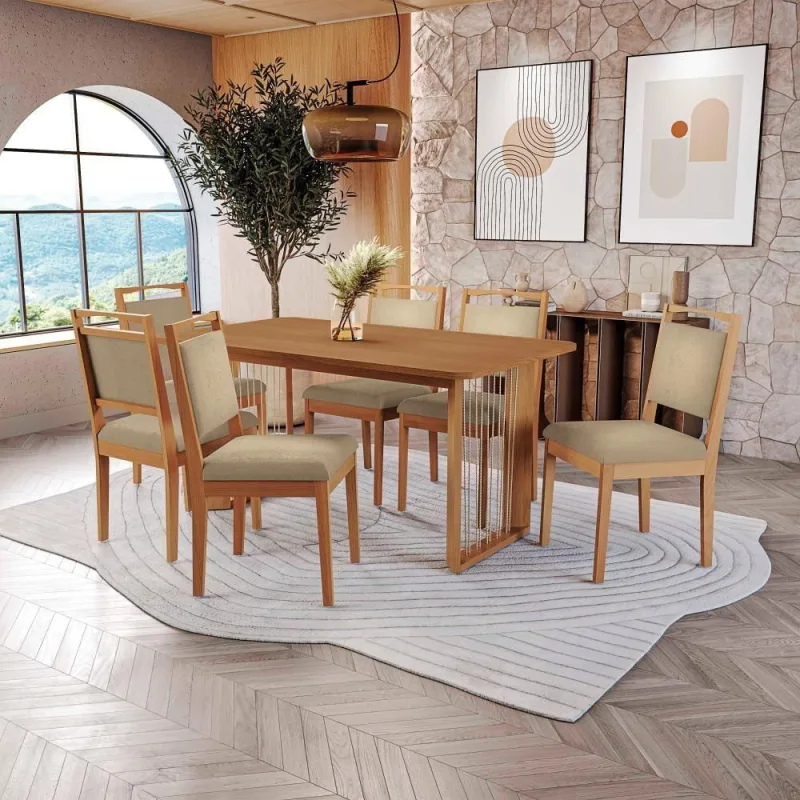 Conjunto Sala De Jantar Lina Em Madeira Maciça 6 Cadeiras Boucle Bege - Kappesberg - Móveis
