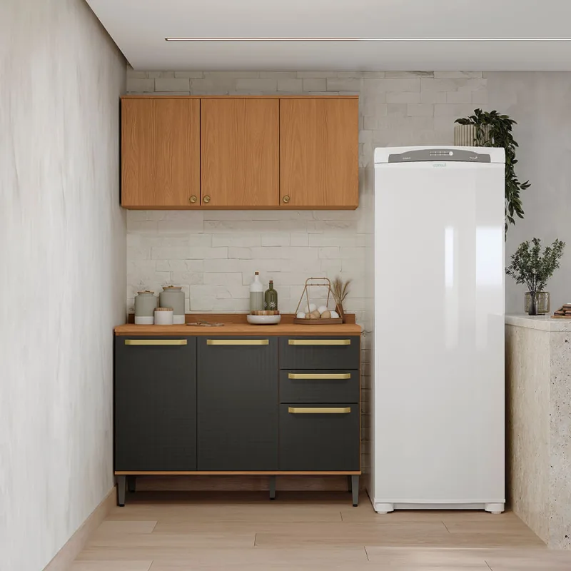 Armário de Cozinha Compacta 120cm Canela/Preto/Canela Elara Kappesberg - Kappesberg