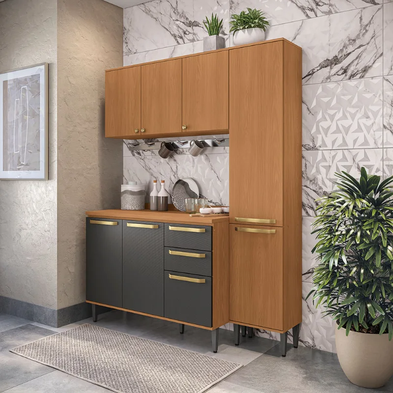 Armário de Cozinha Compacta 160cm Canela/Preto/Canela Elara Kappesberg