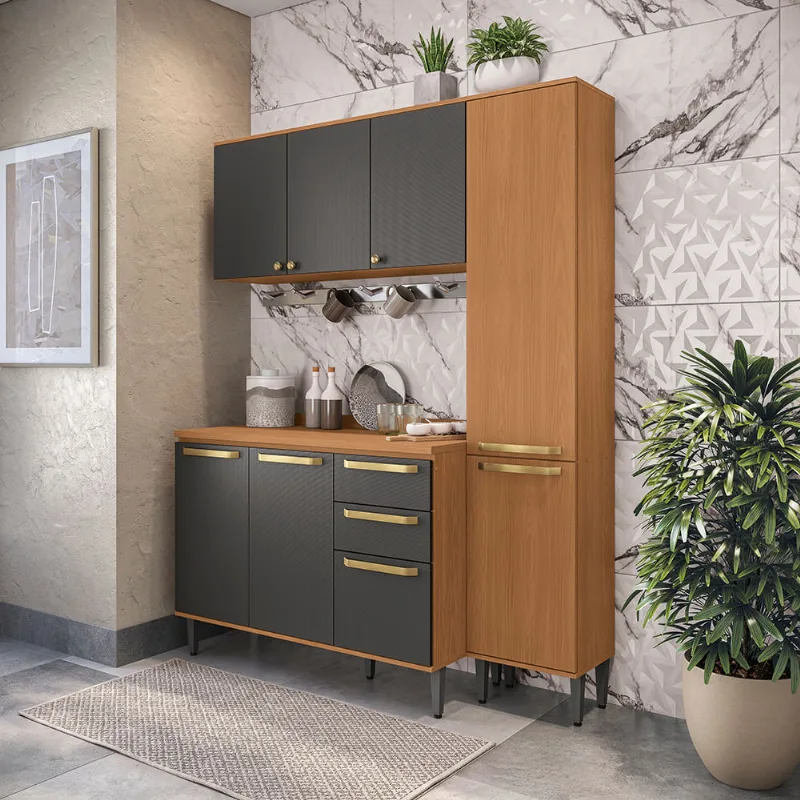 Armário de Cozinha Compacta 160cm Canela/Preto Grid Elara Kappesberg