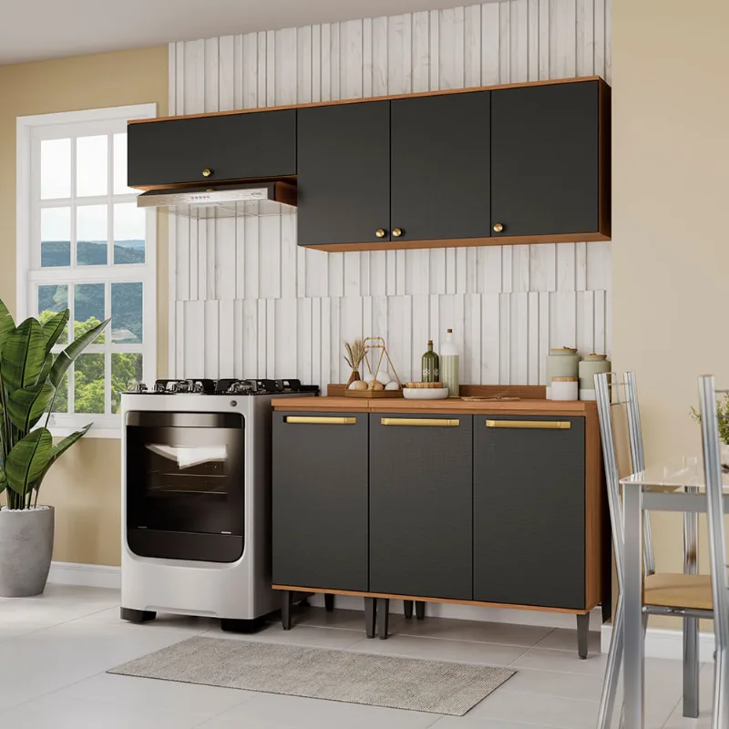 Armário de Cozinha Compacta 200cm Canela/Preto Grid Elara Kappesberg