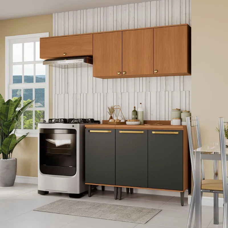Armário de Cozinha Compacta 200cm Canela/Preto Elara Kappesberg