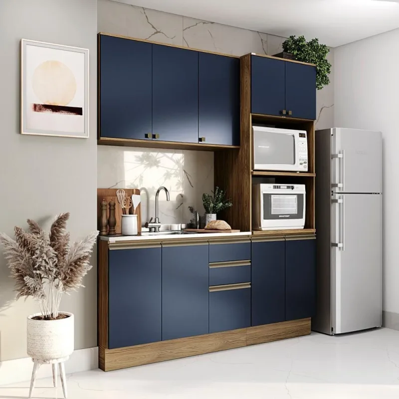 Cozinha Compacta Celeste Kappesberg 100% Mdf Nogueira/azul 190cm - Kappesberg - Móveis