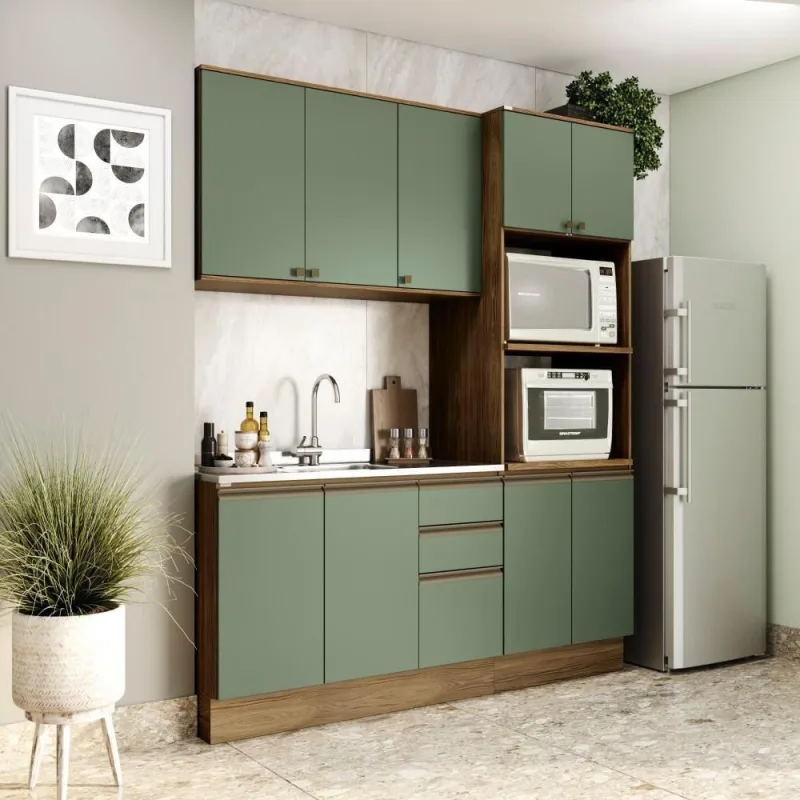 Cozinha Compacta Celeste Kappesberg 100% Mdf Nogueira/verde - Kappesberg - Móveis