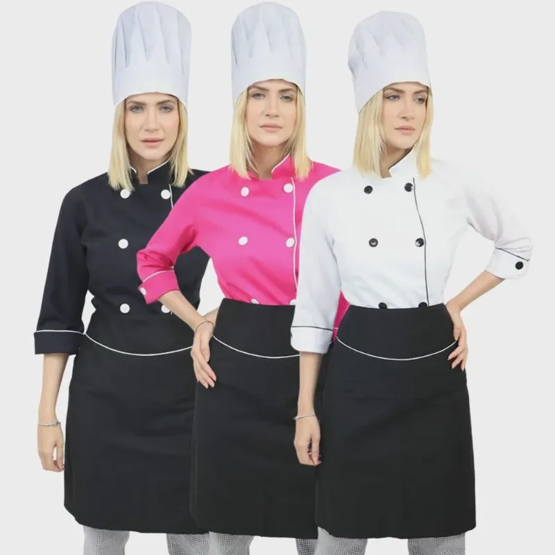 Conjunto Dólmã Feminina Chapéu Chefe de Cozinha e Avental