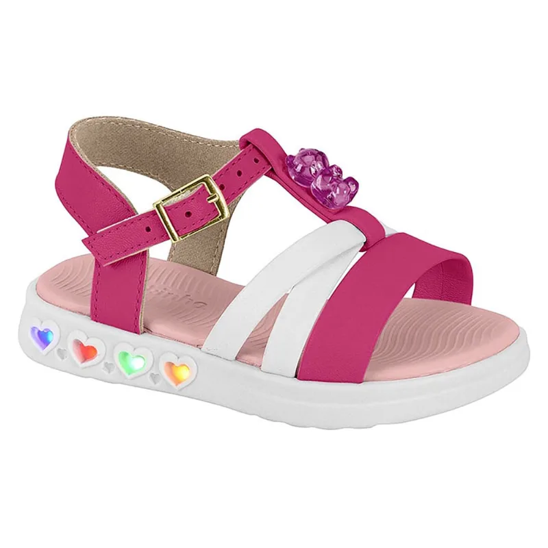 Sandália Infantil Molekinha Led Corações Ursinho - Rosa e Branco