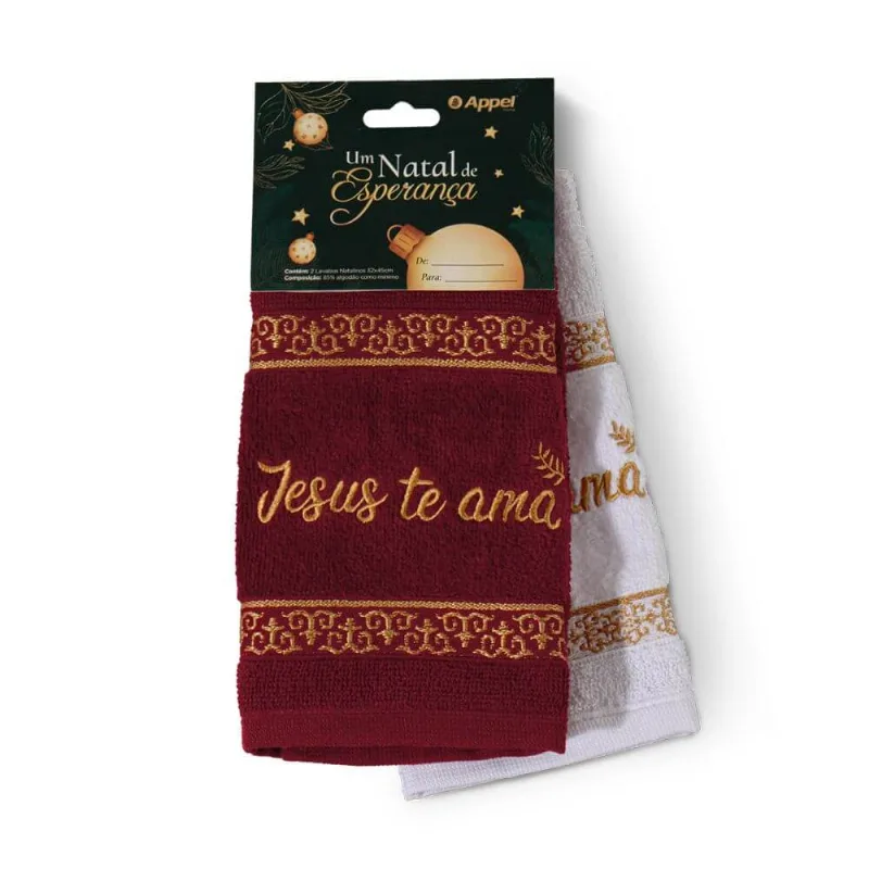 Kit Toalhas de Lavabo Bordada Natalina 32cm x 45cm com 2 Peças - Appel - Jesus Bordô/Branco