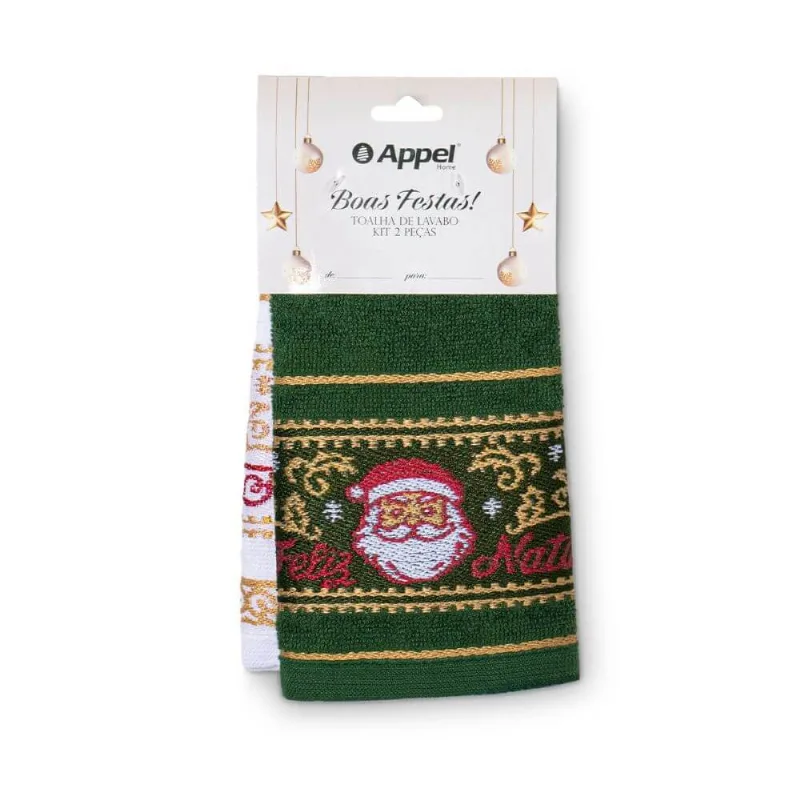 Kit Toalhas de Lavabo Natalina 32cm x 45cm com 2 Peças - Appel - Papai Noel Verde/Branco
