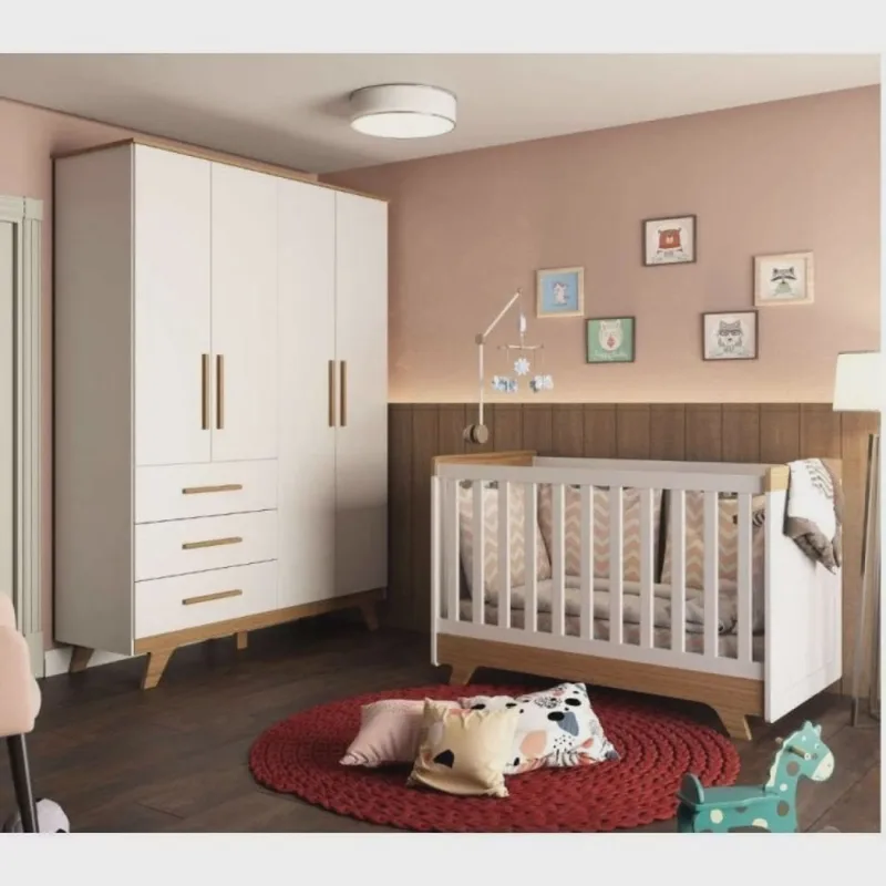 Conjunto para Quarto de Bebê com Guarda Roupa 4 Portas e Berço Retrô