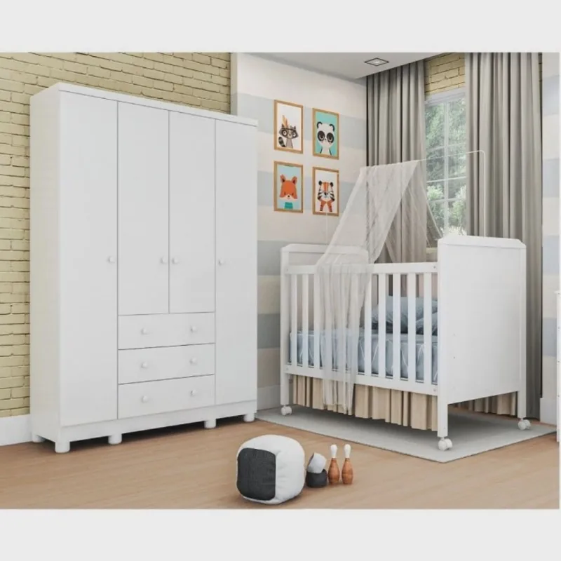 Conjunto para Quarto de Bebê com Berço Mini Cama Cloe e Guarda Roupa 4 Portas Uli