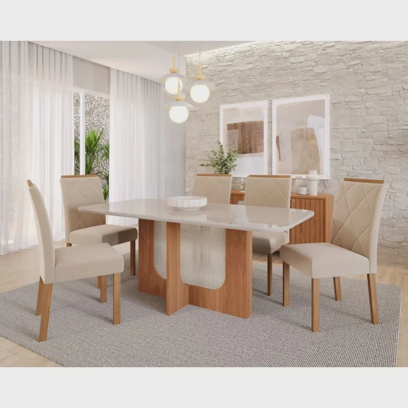 Sala de Jantar Louise 180cm com 06 Cadeiras Fernanda Wood - Não Disponível - Móveis