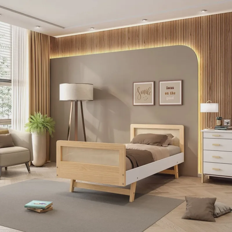 Cama Solteiro Lift em Madeira Maciça com Rattan Casatema - Não Disponível - Móveis
