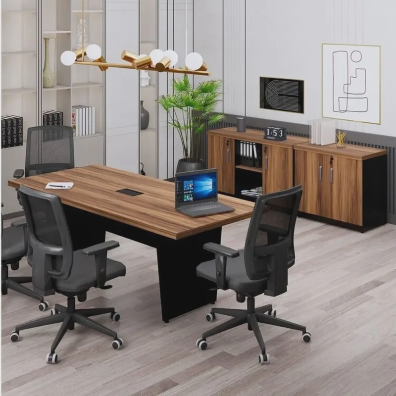 Kit 3 Peças com Mesa de Reunião Retangular com 01 Caixa de Tomada e Dois Armários Baixos - Não Disponível