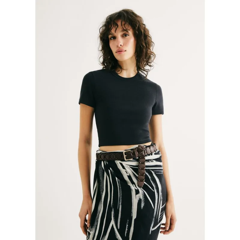 Blusa Básica Feminina Cropped Em Ribana Canelada - Preto XXG
