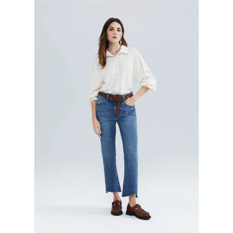 Calça Jeans Feminina Cintura Alta Reta Cropped - Azul 048