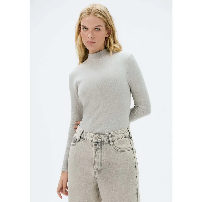 Blusa Básica Feminina Manga Longa Gola Alta Em Ribana Canelada - Cinza M