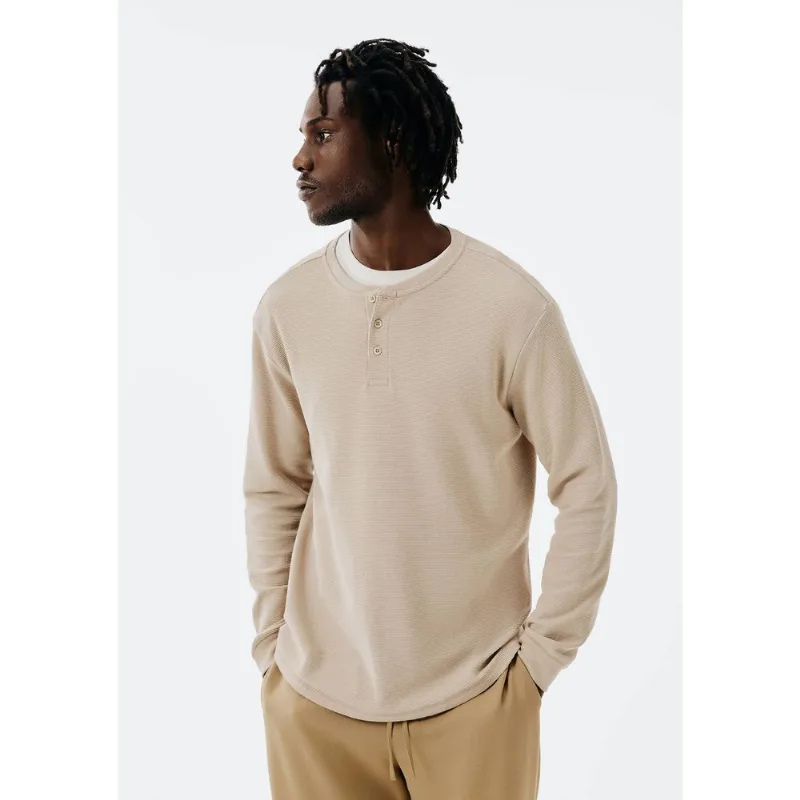 Camiseta Básica Henley Masculina Manga Longa Texturizada - Bege M