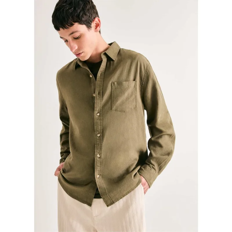 Camisa Básica Masculina Manga Longa Slim Em Linho - Verde M