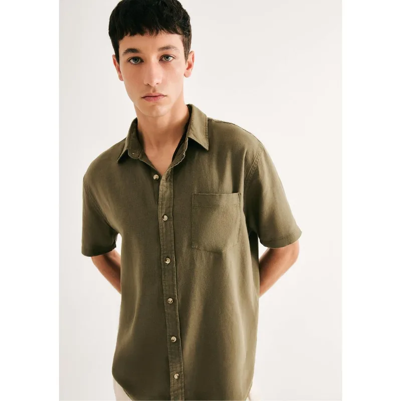 Camisa Básica Masculina Manga Curta Em Linho - Verde XXG