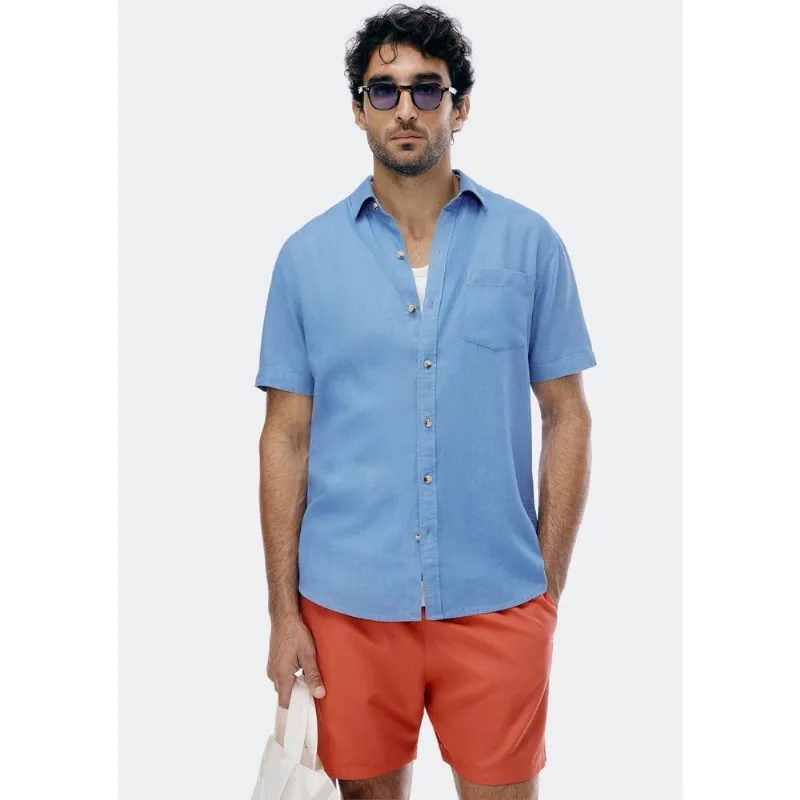 Camisa Básica Masculina Manga Curta Em Linho - Azul XG