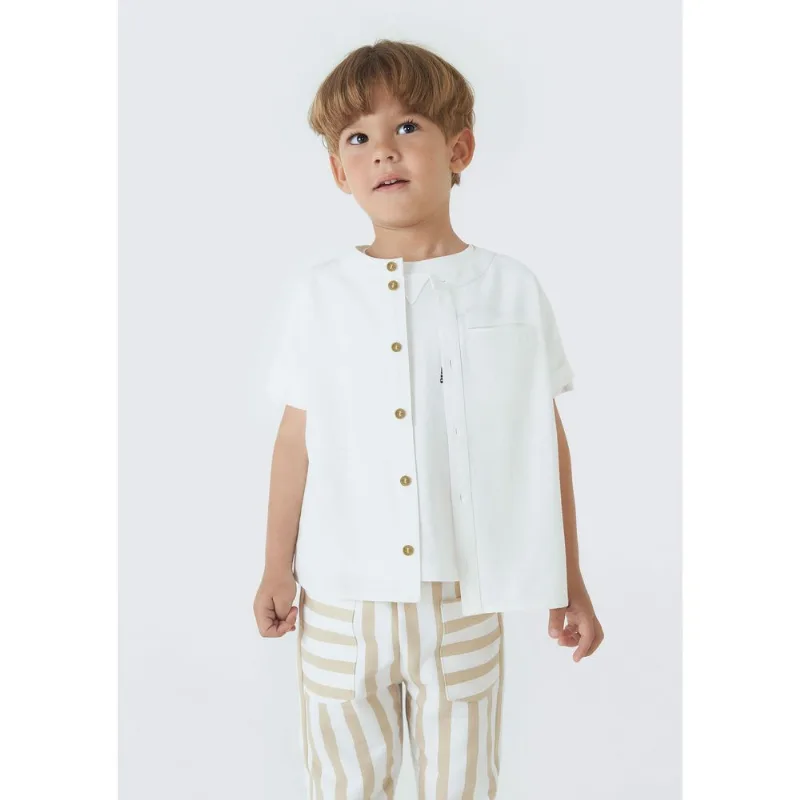 Camisa Infantil Menino Toddler Com Linho e Gola Portuguesa - Off white 12M