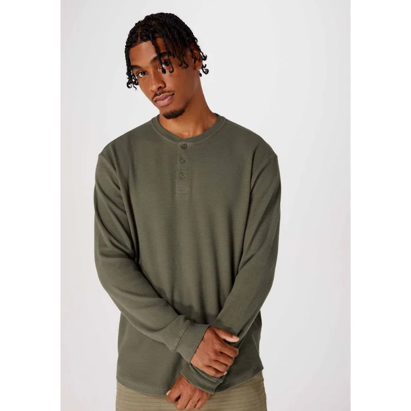 Camiseta Básica Henley Masculina Manga Longa Texturizada - Verde P