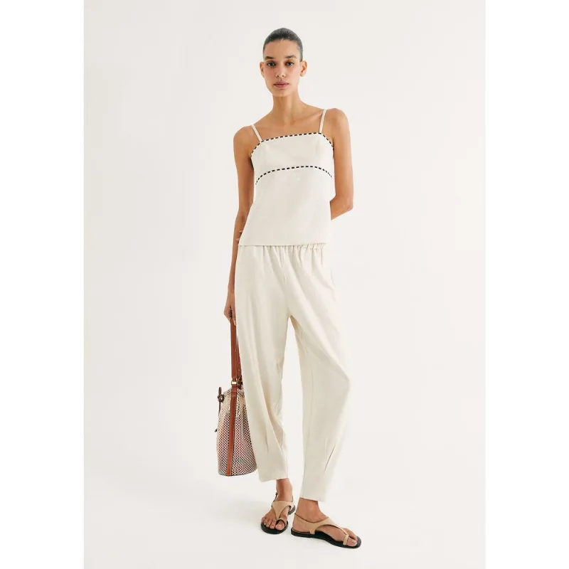 Calça Feminina Slouchy Cintura Alta Com Linho - Bege XG