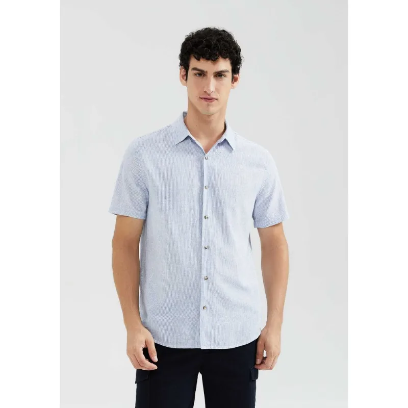 Camisa Masculina Manga Curta Fio Tinto Listrada Em Linho - Azul P
