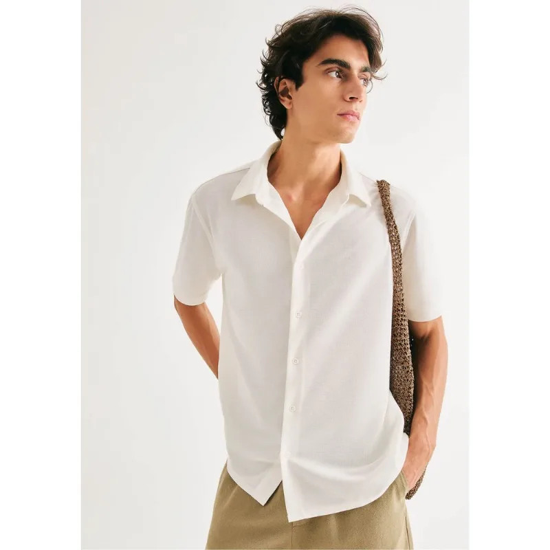 Camisa Masculina Manga Curta Em Malha Texturizada - Off white XXG