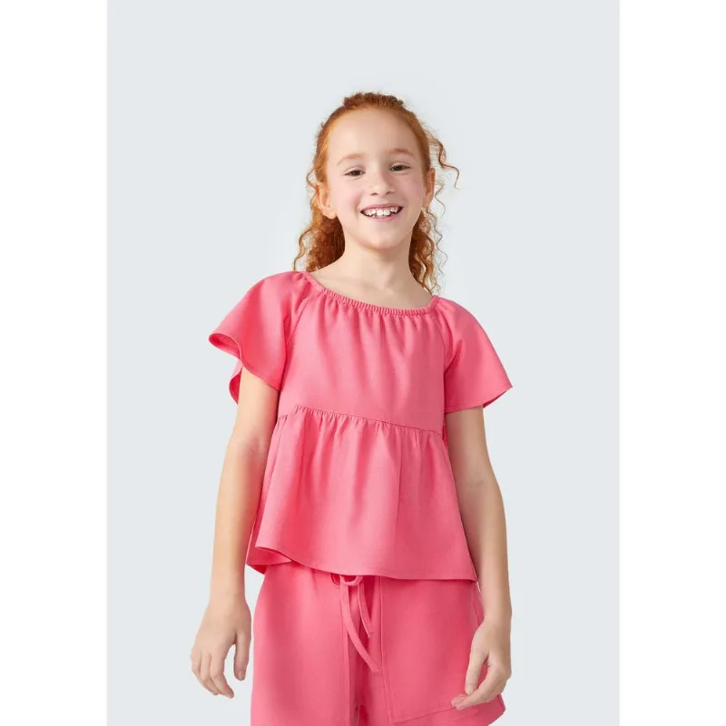 Blusa Bata Infantil Menina Com Linho - Rosa 016