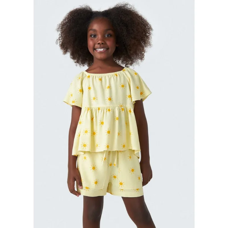 Blusa Bata Infantil Menina Estampada Com Linho - Amarelo 012