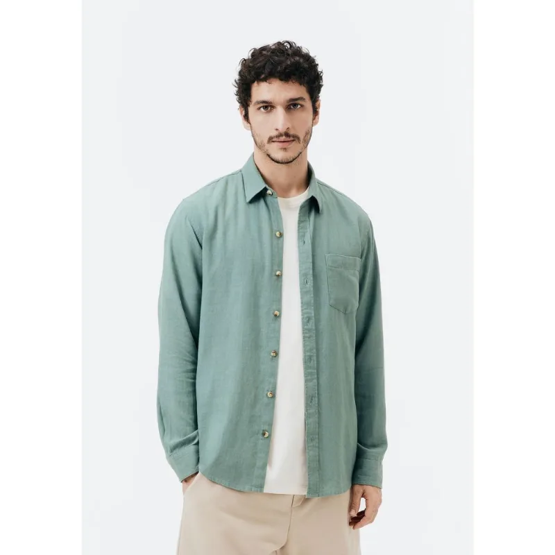 Camisa Básica Masculina Manga Longa Slim Em Linho - Verde XXG