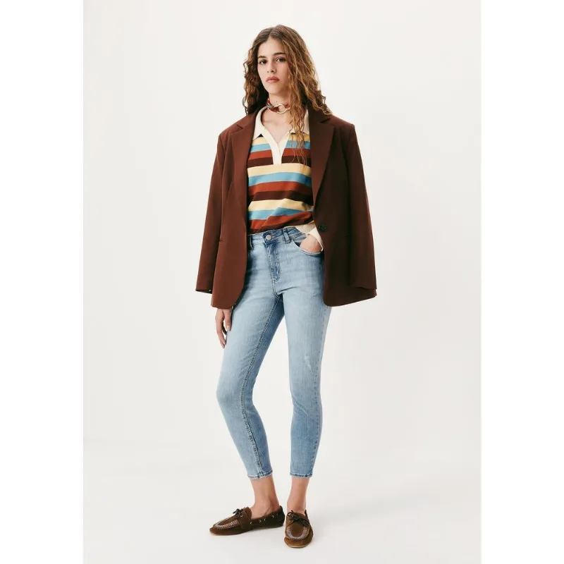 Calça Jeans Básica Feminina Cintura Média Skinny Com Puídos - Azul 040