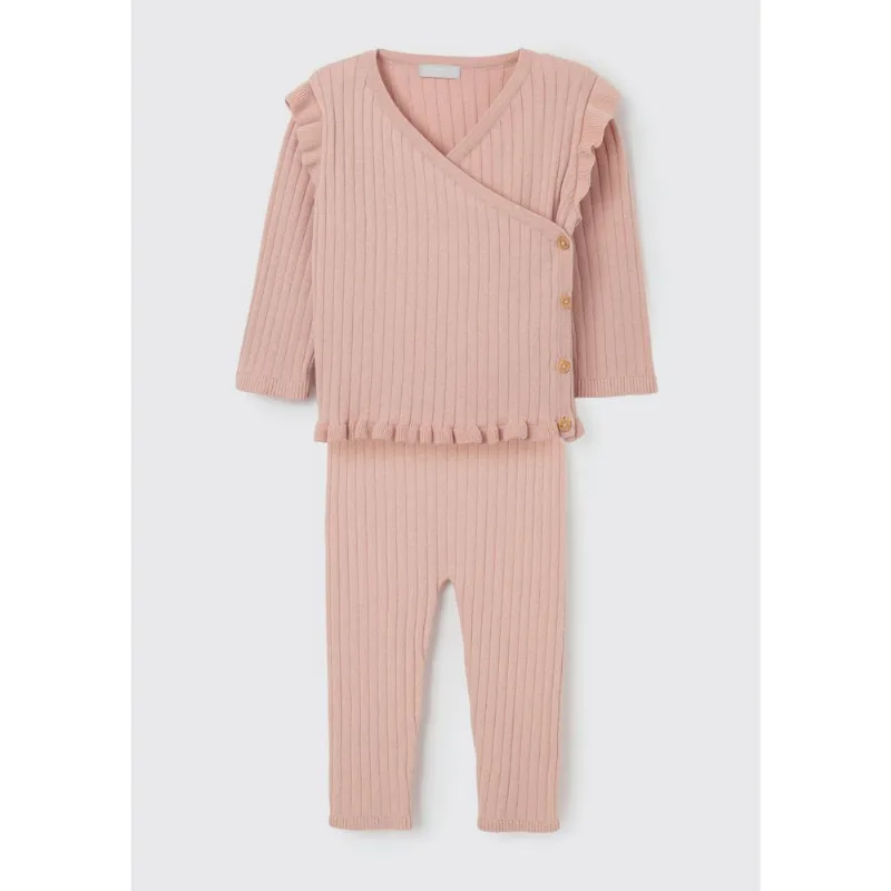Conjunto Longo Bebê Menina Em Ribana Com Babado - Rosa 03M