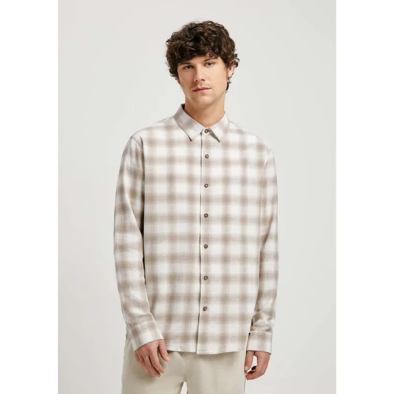Camisa Masculina Manga Longa Xadrez Em Linho - Bege M