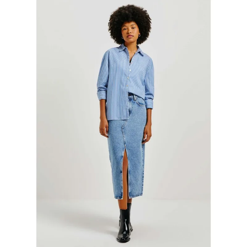 Camisa Feminina Manga Longa Em Tricoline Fio Tinto - Azul XXG