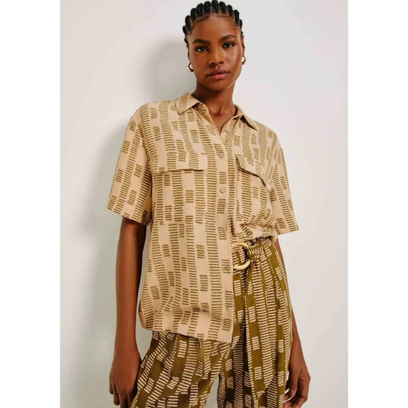 Camisa Manga Curta Estampada Em Viscolinho - Bege P