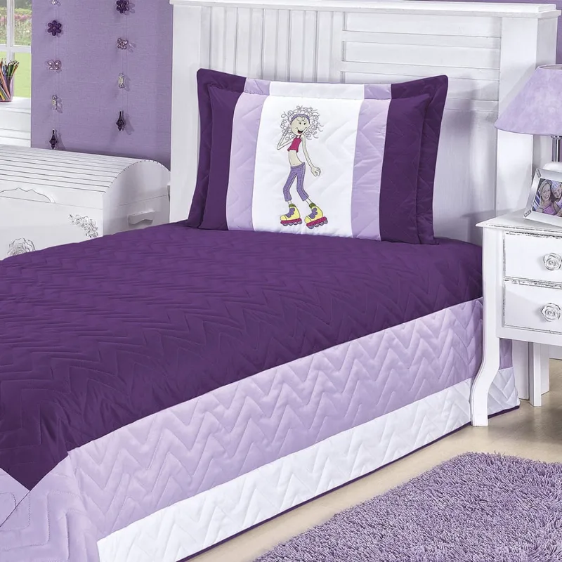 Jogo Cobre Leito Infantil Menina Roxo Matelado Bordado 2 Peças
